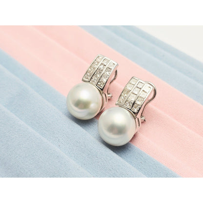 14K White Gold Pearl & Princess Cut Diamond French Clip Earrings