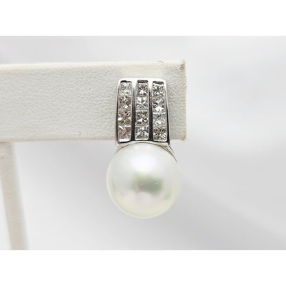 14K White Gold Pearl & Princess Cut Diamond French Clip Earrings