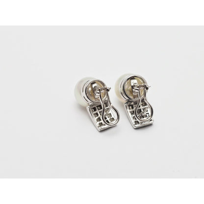 14K White Gold Pearl & Princess Cut Diamond French Clip Earrings