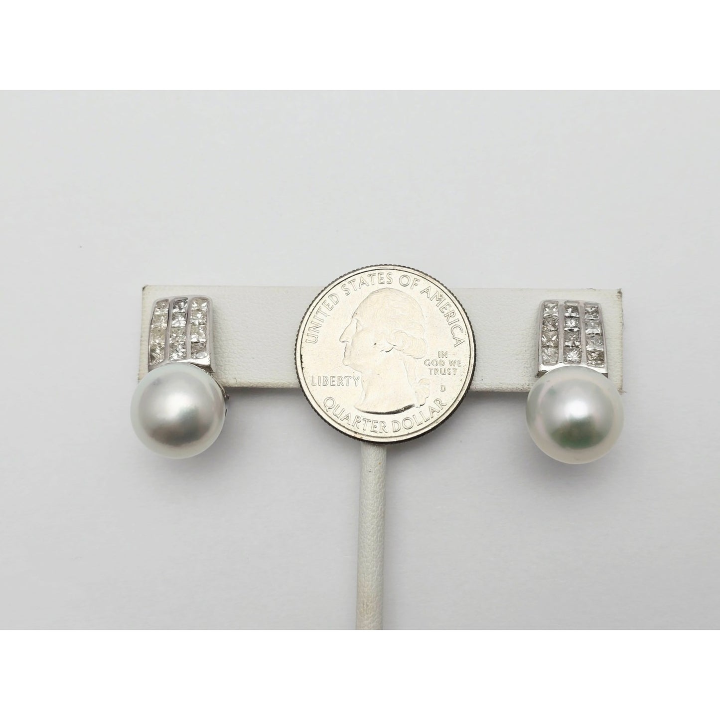 14K White Gold Pearl & Princess Cut Diamond French Clip Earrings