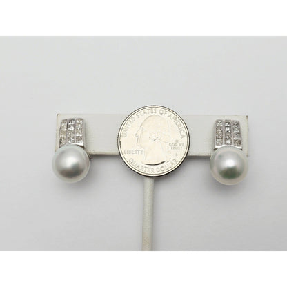 14K White Gold Pearl & Princess Cut Diamond French Clip Earrings
