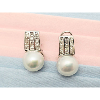 14K White Gold Pearl & Princess Cut Diamond French Clip Earrings