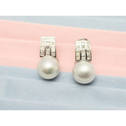 14K White Gold Pearl & Princess Cut Diamond French Clip Earrings