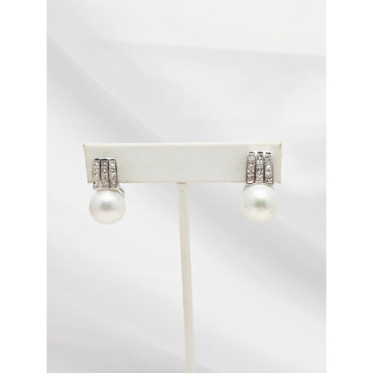 14K White Gold Pearl & Princess Cut Diamond French Clip Earrings