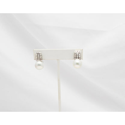 14K White Gold Pearl & Princess Cut Diamond French Clip Earrings