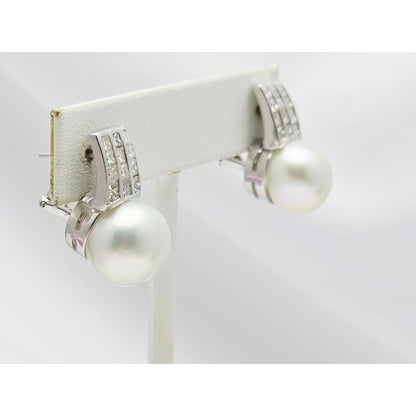 14K White Gold Pearl & Princess Cut Diamond French Clip Earrings