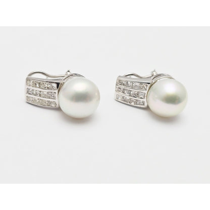 14K White Gold Pearl & Princess Cut Diamond French Clip Earrings
