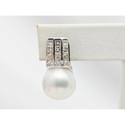 14K White Gold Pearl & Princess Cut Diamond French Clip Earrings