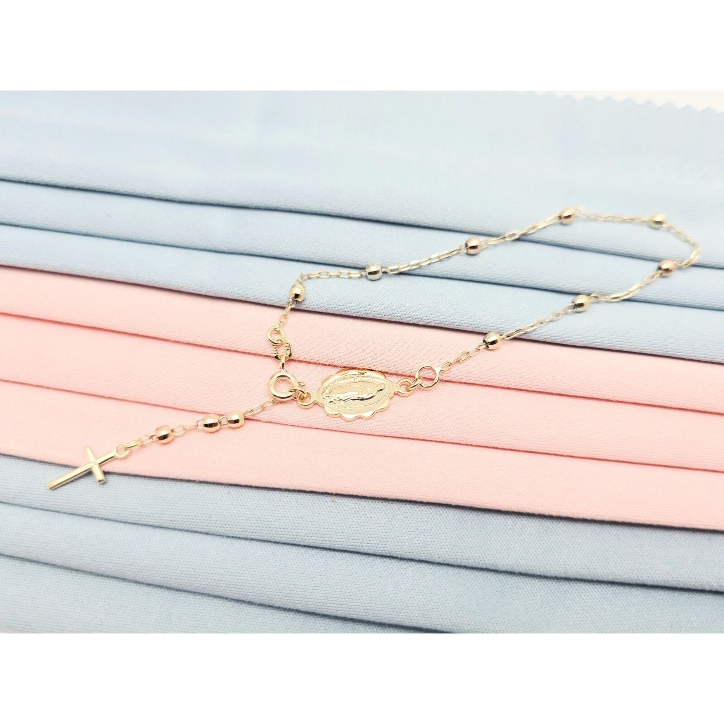 14K Yellow Gold Rosary Bead Ball Resizable Link Chain Bracelet