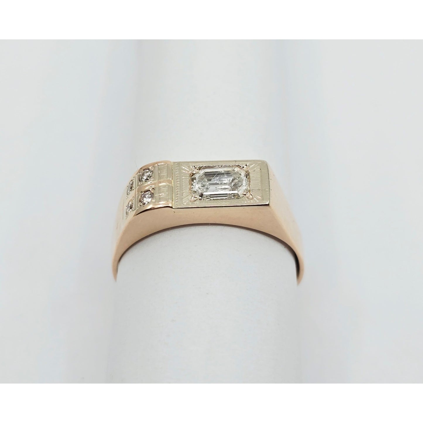 14K Solid Rose Gold Men's Emerald Cut Diamond Statement Ring