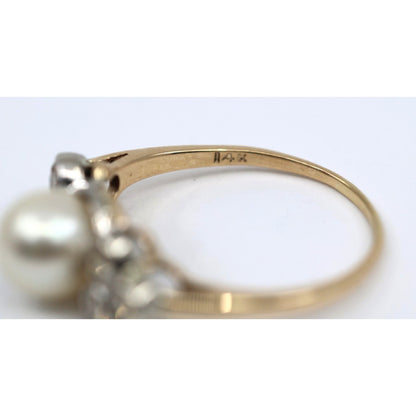 14K Two Tone Gold Pearl & Diamond Ring