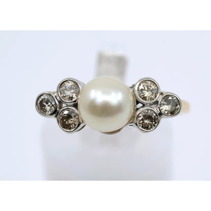 14K Two Tone Gold Pearl & Diamond Ring