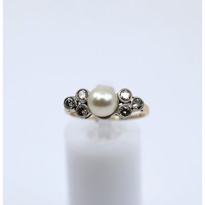 14K Two Tone Gold Pearl & Diamond Ring