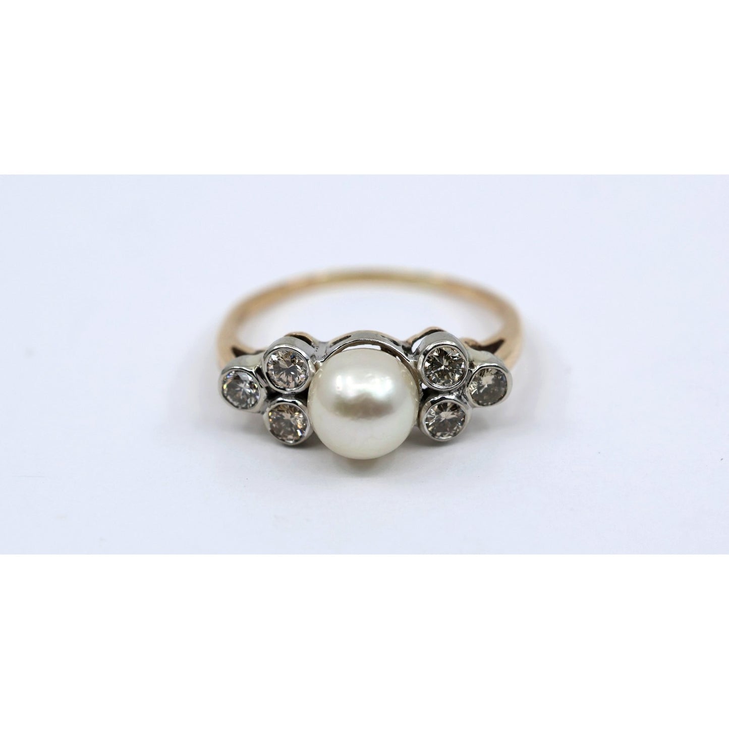14K Two Tone Gold Pearl & Diamond Ring