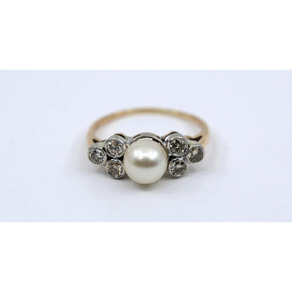 14K Two Tone Gold Pearl & Diamond Ring
