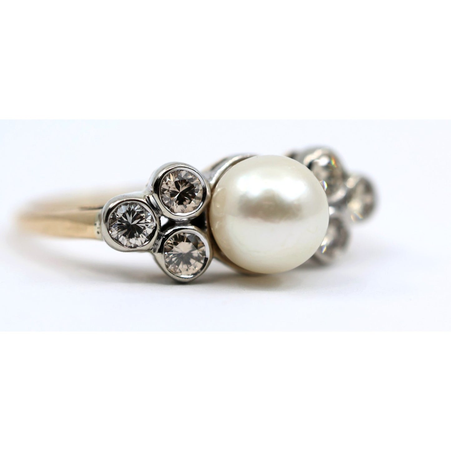 14K Two Tone Gold Pearl & Diamond Ring