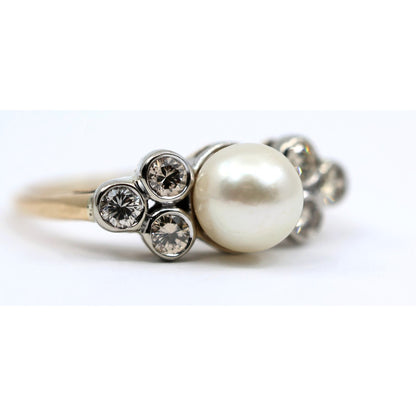 14K Two Tone Gold Pearl & Diamond Ring