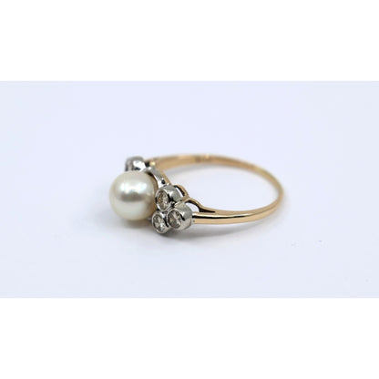 14K Two Tone Gold Pearl & Diamond Ring