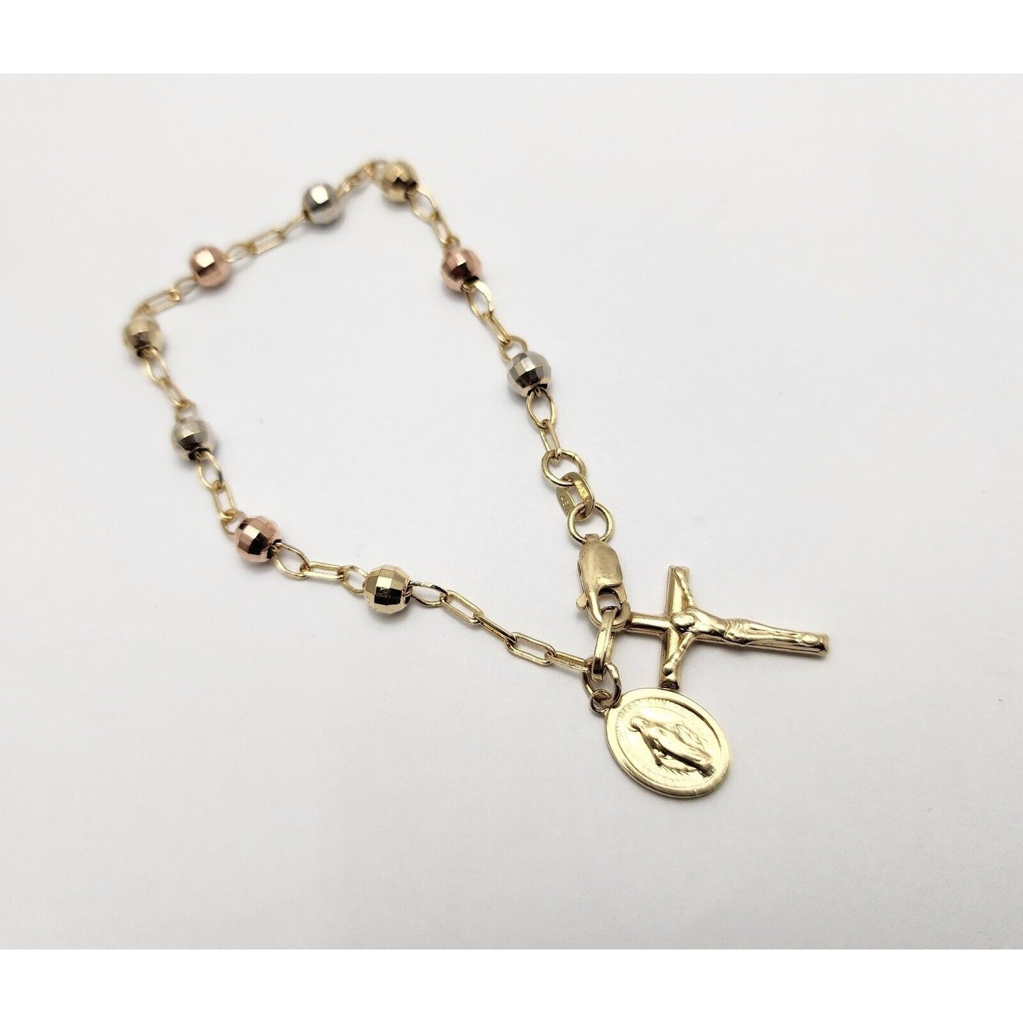 10K Tri Tone Gold Rosary Bead Ball Link Chain Bracelet