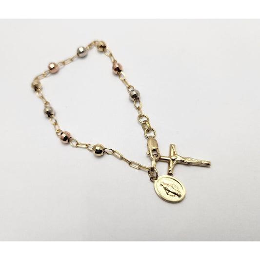 10K Tri Tone Gold Rosary Bead Ball Link Chain Bracelet