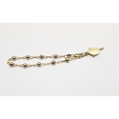 10K Tri Tone Gold Rosary Bead Ball Link Chain Bracelet