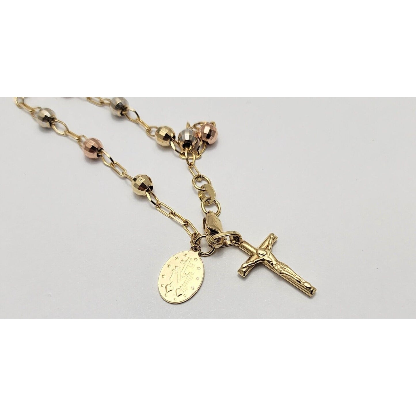 10K Tri Tone Gold Rosary Bead Ball Link Chain Bracelet