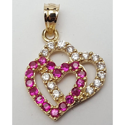 14K Yellow Gold Double Open Heart Red & White CZ Charm Pendant