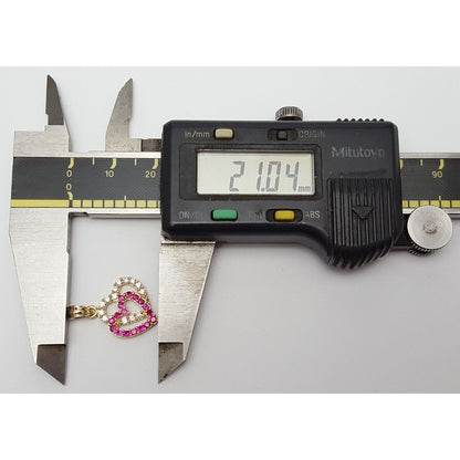 14K Yellow Gold Double Open Heart Red & White CZ Charm Pendant