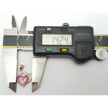 14K Yellow Gold Double Open Heart Red & White CZ Charm Pendant