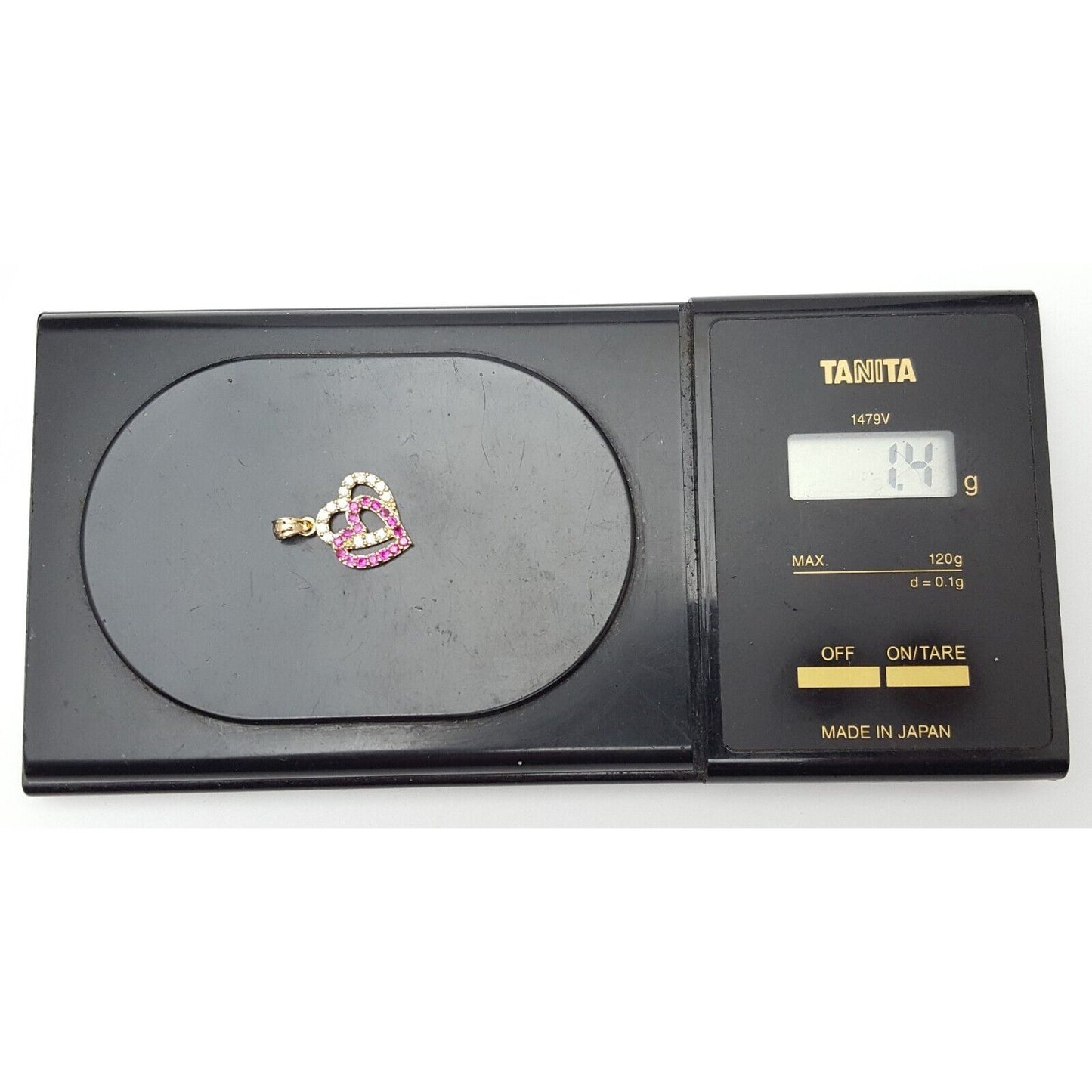 14K Yellow Gold Double Open Heart Red & White CZ Charm Pendant