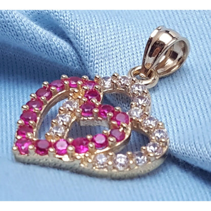 14K Yellow Gold Double Open Heart Red & White CZ Charm Pendant