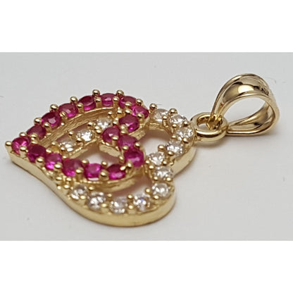 14K Yellow Gold Double Open Heart Red & White CZ Charm Pendant