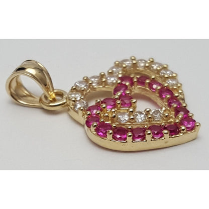 14K Yellow Gold Double Open Heart Red & White CZ Charm Pendant