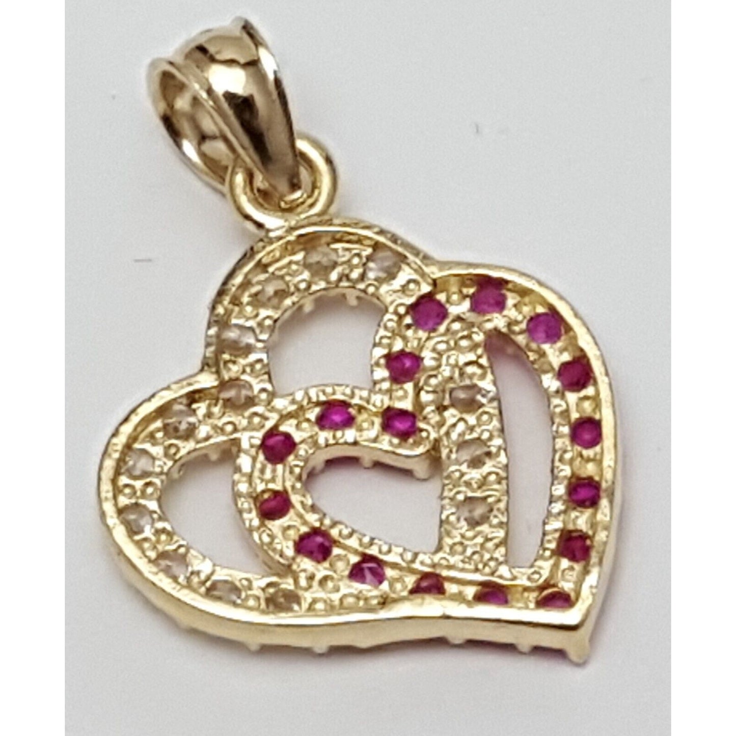14K Yellow Gold Double Open Heart Red & White CZ Charm Pendant