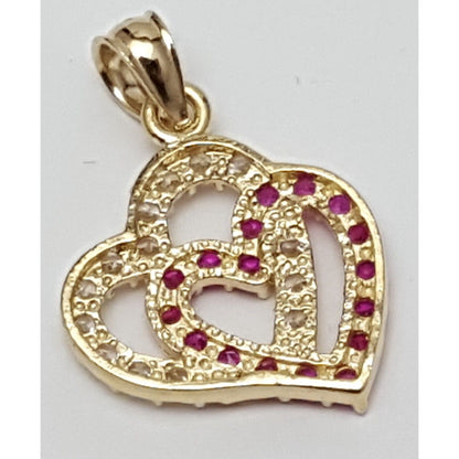 14K Yellow Gold Double Open Heart Red & White CZ Charm Pendant