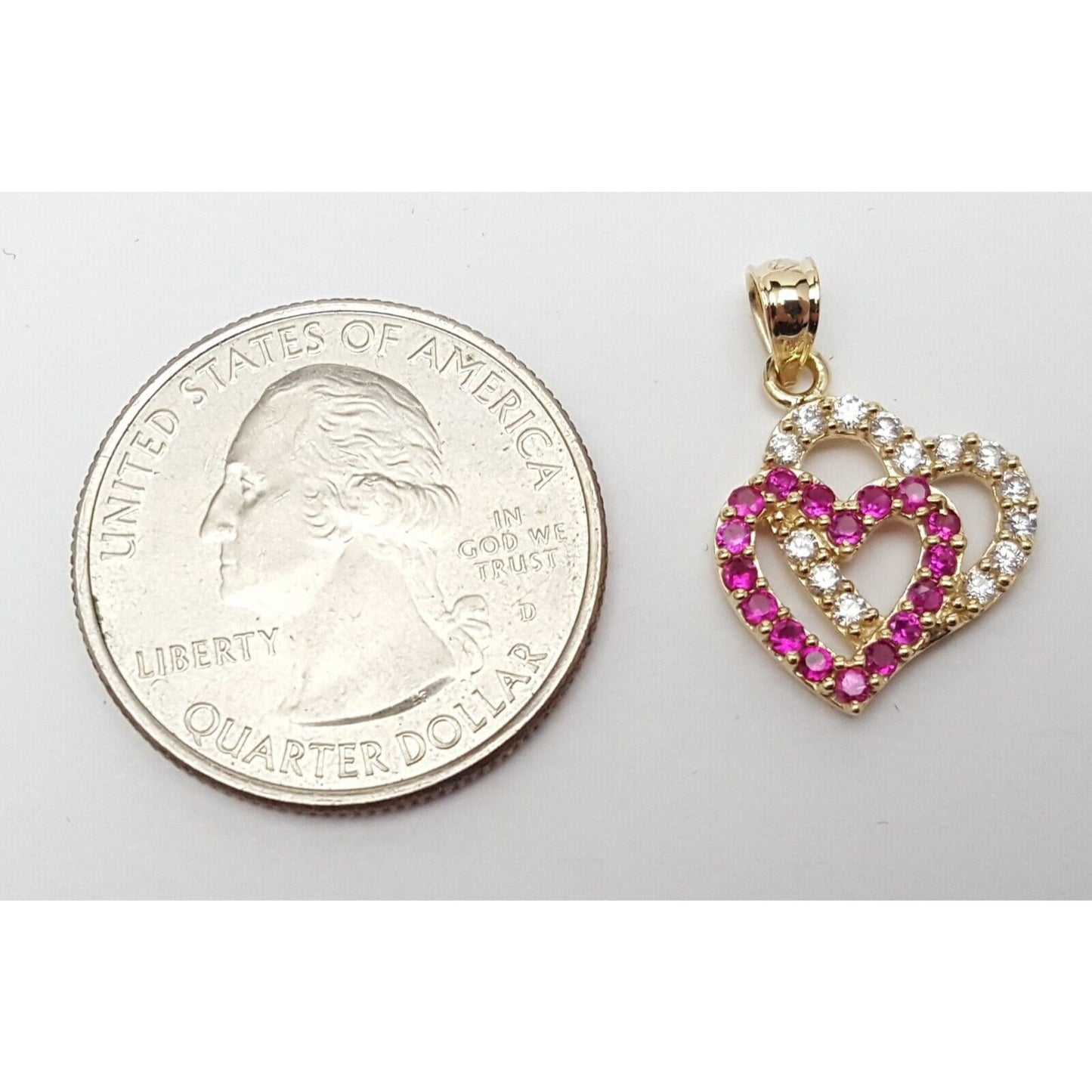 14K Yellow Gold Double Open Heart Red & White CZ Charm Pendant