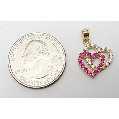 14K Yellow Gold Double Open Heart Red & White CZ Charm Pendant