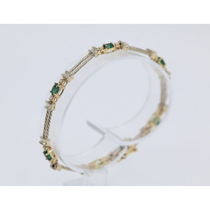 14K Two Tone Gold Emerald & Diamond Tennis Link Bracelet
