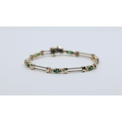 14K Two Tone Gold Emerald & Diamond Tennis Link Bracelet