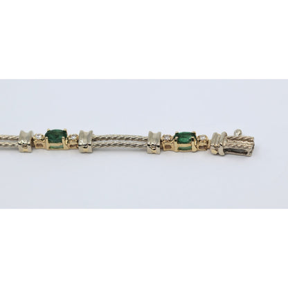 14K Two Tone Gold Emerald & Diamond Tennis Link Bracelet