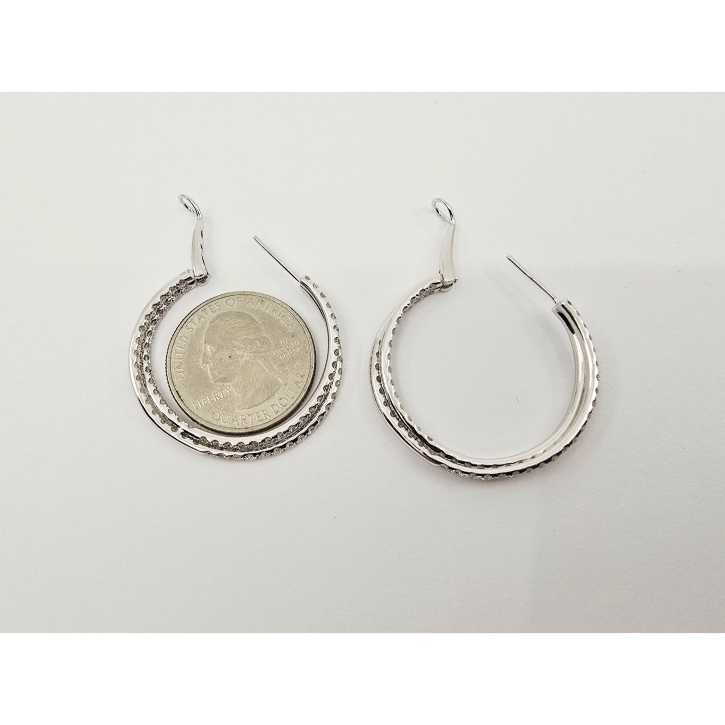 14K White Gold JLJ Double Sided Diamond Round Hoop Earrings