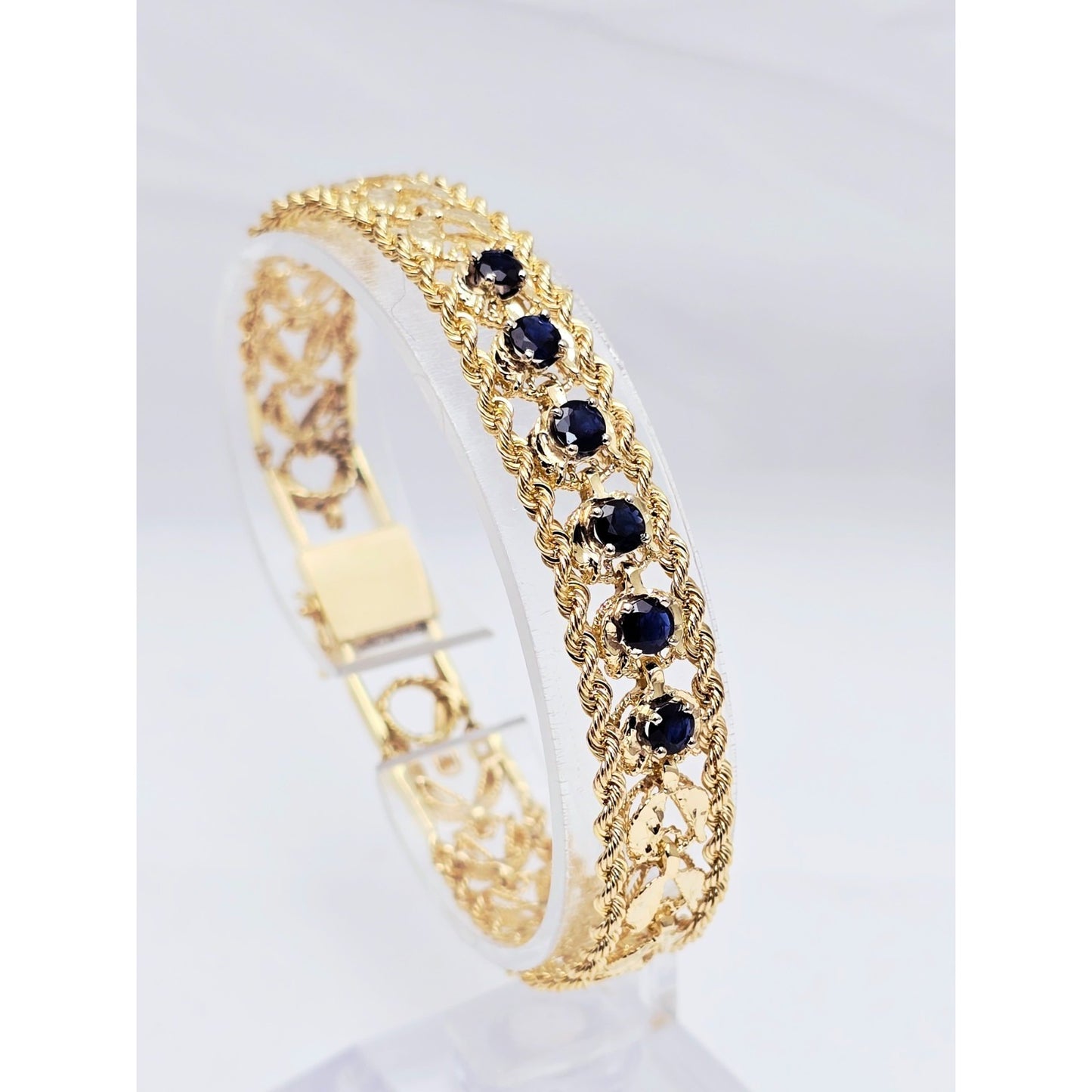 14K Yellow Gold Diamond Cut Double Rope Sapphire Bracelet