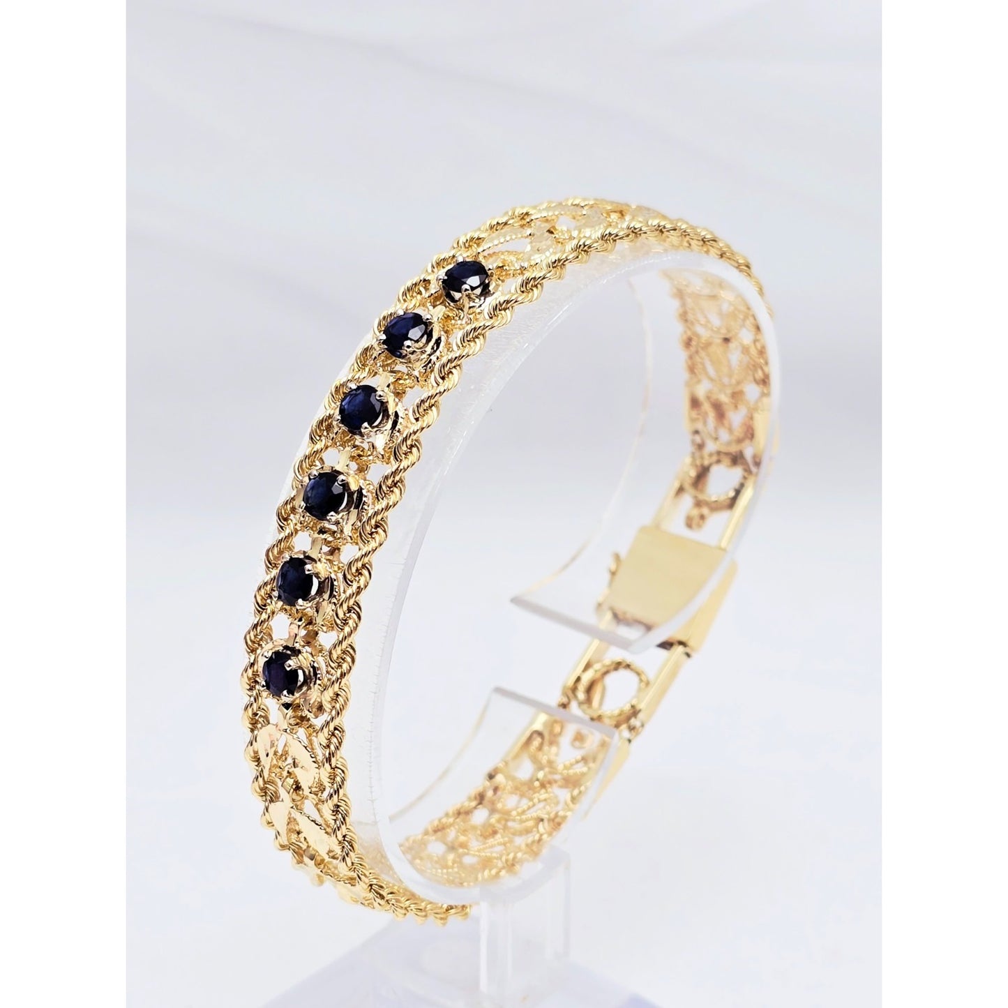 14K Yellow Gold Diamond Cut Double Rope Sapphire Bracelet