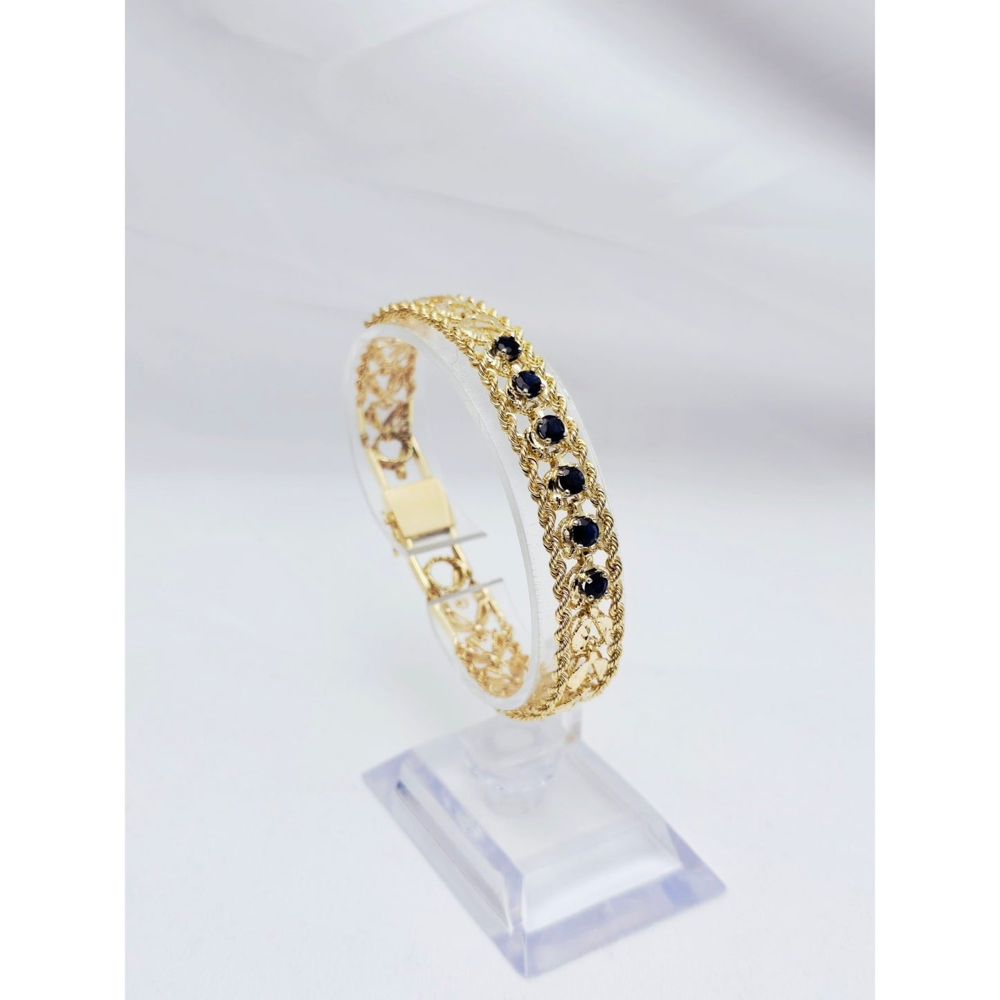 14K Yellow Gold Diamond Cut Double Rope Sapphire Bracelet