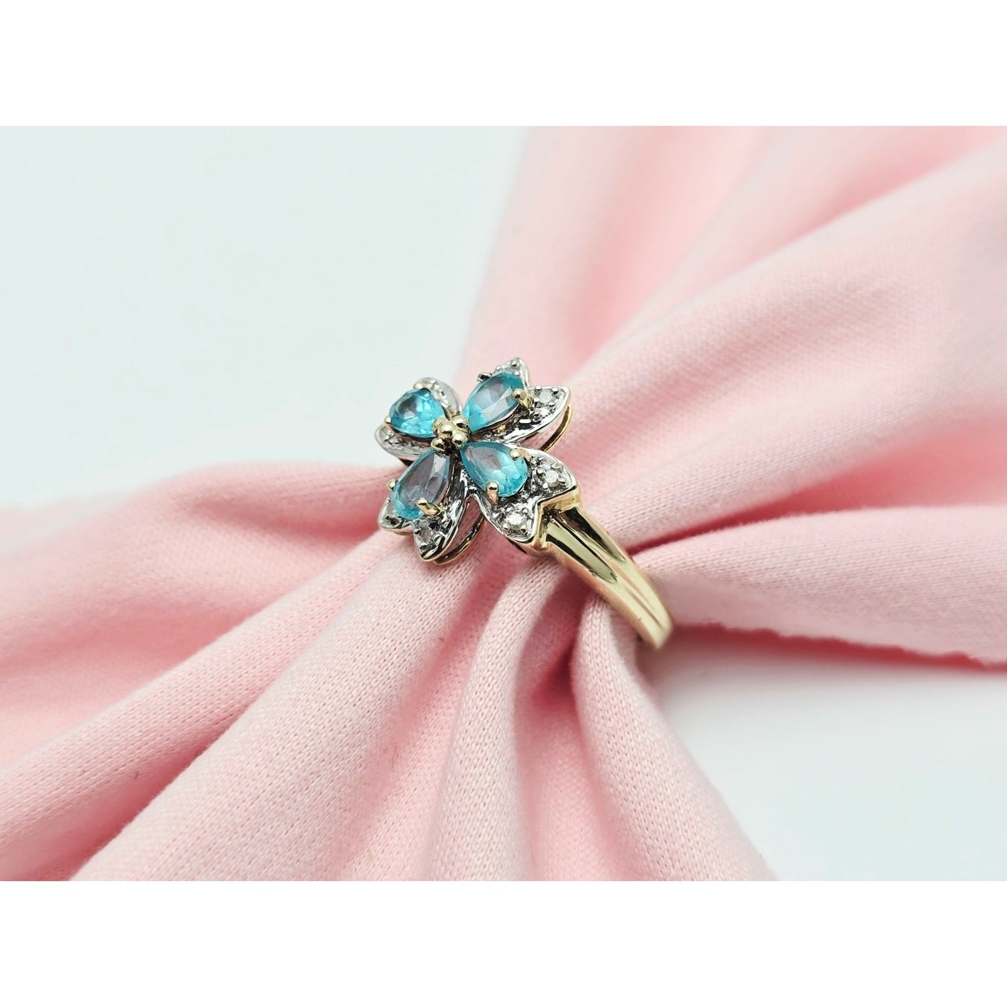 10K Two Tone Gold Green Quartz & Diamond Flower Ring