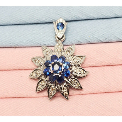 14K White Gold Sapphire & Diamond Flower Charm Pendant