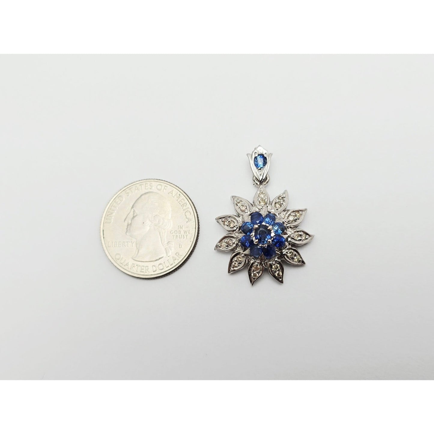 14K White Gold Sapphire & Diamond Flower Charm Pendant