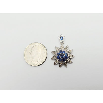 14K White Gold Sapphire & Diamond Flower Charm Pendant