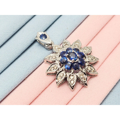 14K White Gold Sapphire & Diamond Flower Charm Pendant