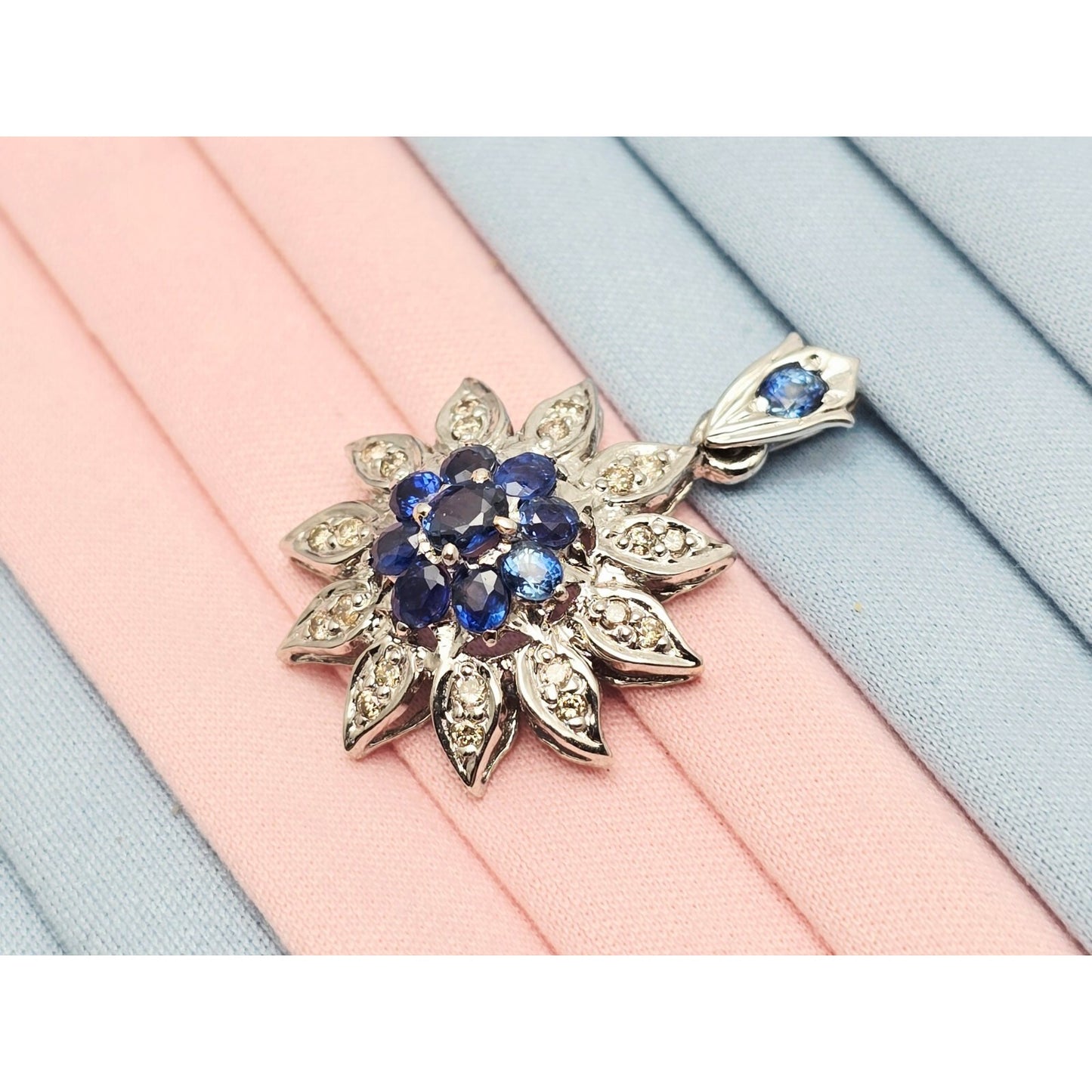 14K White Gold Sapphire & Diamond Flower Charm Pendant